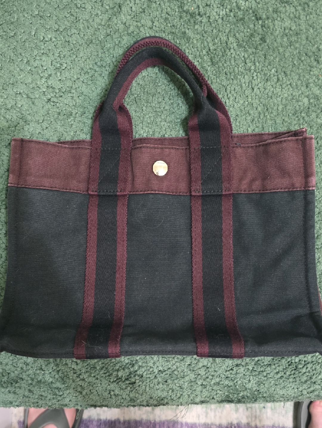 Hermes Black Canvas Tote With Burgundy Trim
